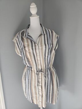 Japna Striped Collared Shirt Dress in Gray , Cream And Blue. 100% Cotton.